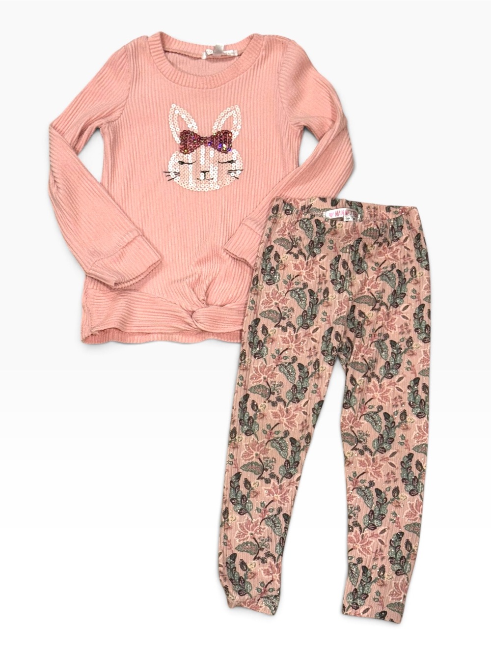 Nannette Toddler Girls Pink Ribbed Sequin Bunny Top Floral Pants 2 Pc Outfit 3T